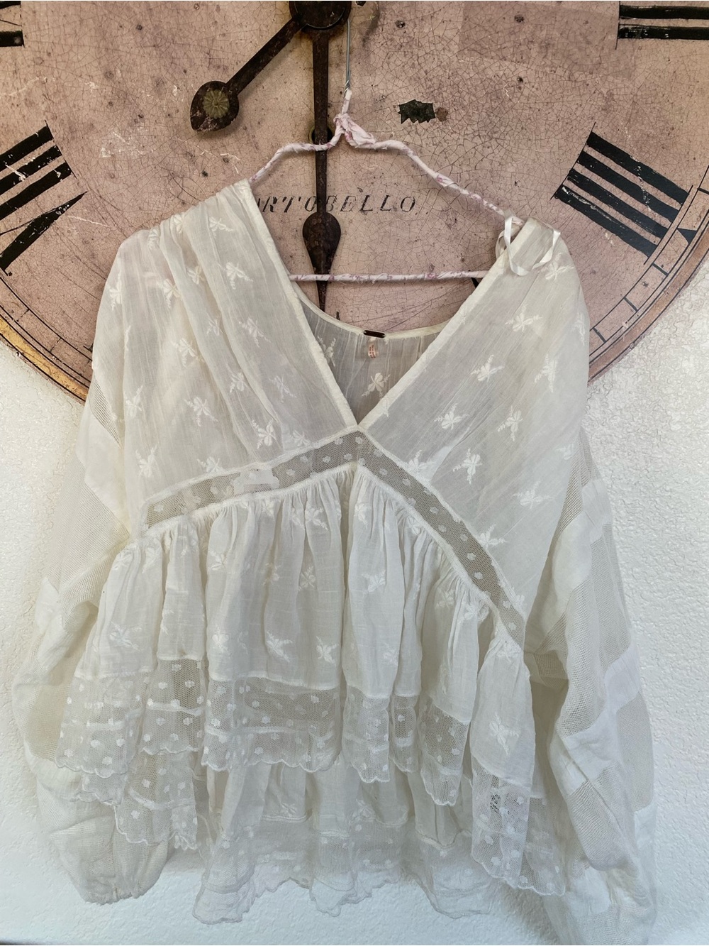 Free People Sheer White Embroidered Peasant Top